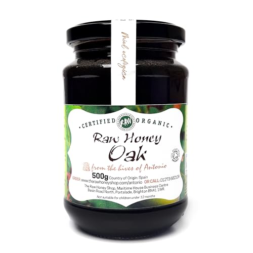 Roher Wald-Honig Bio Eichenhonig aus Spanien - Premium Qualität - reines Naturprodukt - kaltgeschleudert - unfiltriert - Geschmack: Eichenwald, Größe: 500 g von The Raw Honey Shop