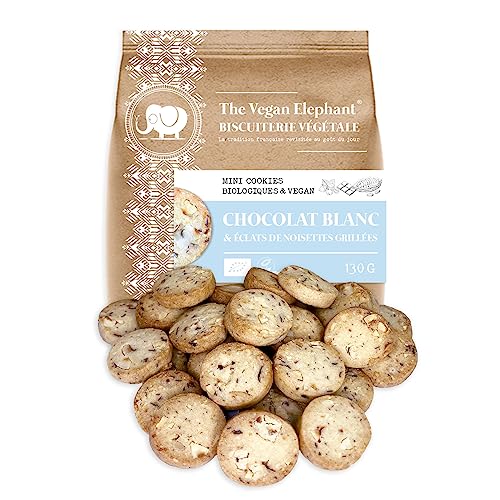 Mini-Kekse mit weißer Schokolade & gerösteten Haselnüssen, handgefertigt, biologisch & vegan, 4 kompostierbare Beutel à 130 g (520 g) von The Vegan Elephant