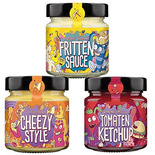 The Vegan Saucery Pommes Mix, ausgewählte Saucen für Pommes, 3 x 200 ml Glas mit Fritten Sauce, Cheezy Style und Tomatenketchup von The Vegan Saucery