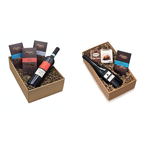 Präsentkorb „GENUSSBOX“ mit Wein und Schokolade in einem Geschenkkarton & Präsentkorb „Gaumenfreude“ Italienischer Rotwein Sangiovese und französische Schokoladentrüffel von The Wine Guys