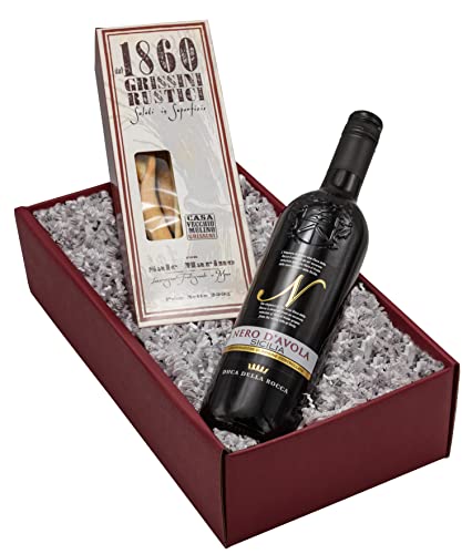 The Wine Guys Geschenk-Set „Rustico“ mit Wein und Salzgebäck in einem tollen Geschenkkarton | Geschenkset mit edlem Rotwein aus Sizilien (1 x 0.75 l) und feine Grissini aus Italien von The Wine Guys