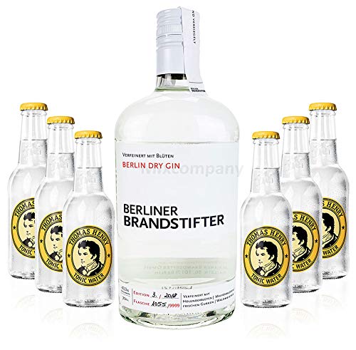 Brandstifter Berlin Dry Gin 0,7l (43,3% Vol) + 6x Thomas Henry Tonic Water 0,2l MEHRWEG Bar Longdrink Cocktail Sammlung Gin Tonic inkl. PFAND- [Enthält Sulfite] von Thomas Henry-Thomas Henry