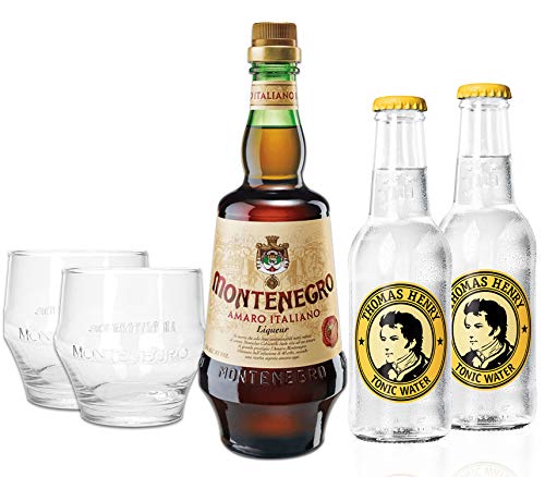 Montenegro & Tonic Set - Montenegro Amaro Italiano Likör 0,7L (23% Vol) + 2x Thomas Henry Tonic Water 200ml inkl. Pfand MEHRWEG + 2x Gläser Tumbler Glas von Thomas Henry-Thomas Henry