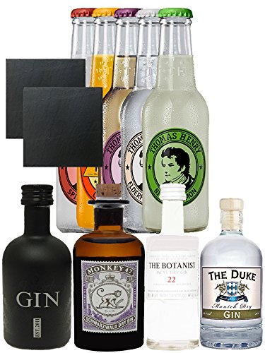 Gin Probierset 1 x Monkey 5 cl, 1 x The Duke 5 cl, 1 x Black Gin 5 cl + 1 x Botanist 5 cl + 5 x Thomas Henry Mix 0,2 Liter + 2 Schieferuntersetzer von Thomas Henry