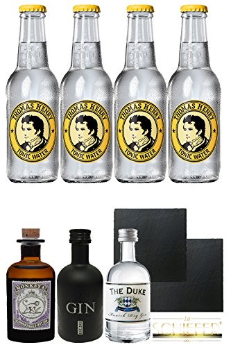 Gin Probierset 1 x Monkey 5 cl, 1 x The Duke 5 cl, 1 x Black Gin 5 cl + 4 x Thomas Henry Tonic Water 0,2 Liter + 2 Schieferuntersetzer von Thomas Henry
