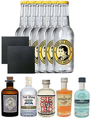 Gin Probierset Monkey, Duke,Siegfried, Saffron, London Blue + 6 x Thomas Henry Tonic Water 0,2 Liter von Thomas Henry