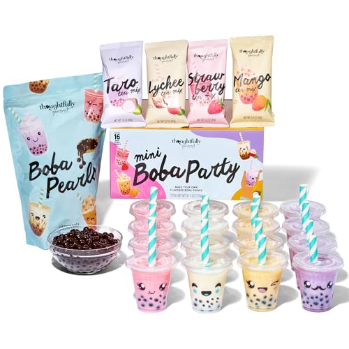 Thoughtfully Gourmet, Mini Boba Party Set, Für 16 Portionen Bubble Tea, mit 4 Geschmacksrichtungen, Boba-Perlen, Bechern, Deckeln und Strohhalmen von Thoughtfully