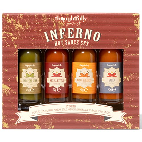 Thoughtfully - Inferno Hot Sauce Geschenkset - Saucen-Set Mit 4 Chili-Saucen - Verschiedene Schärfegrade - Geschenk für BBQ Fans Thoughtfully - Inferno Hot Sauce Geschenkset - Saucen-Set Mit 4 Chili-Saucen - Verschiedene Schärfegrade - Geschenk für BBQ Fans von Modern Gourmet Foods