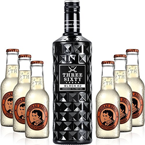 Three Sixty Moscow Mule Set - Three Sixty Black 42 Vodka 0,7l 700ml (42% Vol) + 6x Thomas Henry Spicy Ginger 200ml -[Enthält Sulfite] - Inkl. Pfand MEHRWEG von THREE SIXTY
