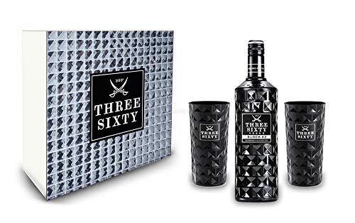 Three Sixty Geschenkset - Three Sixty Black Vodka Wodka 0,7L 700ml (42% Vol) + 2x Black Gläser Longdrinkgläser Glas 300ml aus rein weißem Brillanz-Glas Bar Cocktail - [Enthält Sulfite] von THREE SIXTY