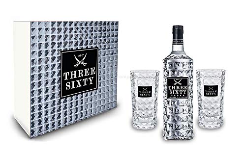 Three Sixty Set Geschenkset Geschenk Box - Three Sixty Vodka Wodka 0,7L 700ml (37,5% Vol) + 2x Gläser eckig Longdrink Glas 300ml Fassung Kristall Glas - [Enthält Sulfite] von THREE SIXTY