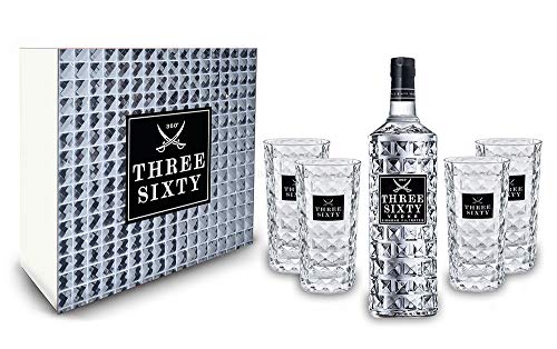 Three Sixty Set Geschenkset Geschenk Box - Three Sixty Vodka Wodka 0,7L 700ml (37,5% Vol) + 4x Gläser eckig Longdrink Glas 300ml Fassung Kristall Glas - [Enthält Sulfite] von THREE SIXTY