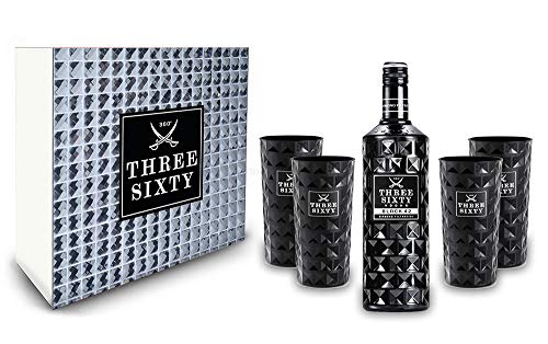 Three Sixty Set Geschenkset - Three Sixty Black Vodka Wodka 0,7L 700ml (42% Vol) + 4x Black Gläser eckig Longdrink Gläser Glas - Kristall Glas Schwarze Edition [Enthält Sulfite] von THREE SIXTY