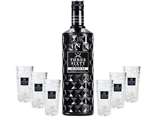 Three Sixty Set Geschenkset ? Three Sixty Black Vodka Wodka 0,7L 700ml (42% Vol) + 6x Shotgläser Glas 2 und 4cl geeicht- [Enthält Sulfite] von THREE SIXTY