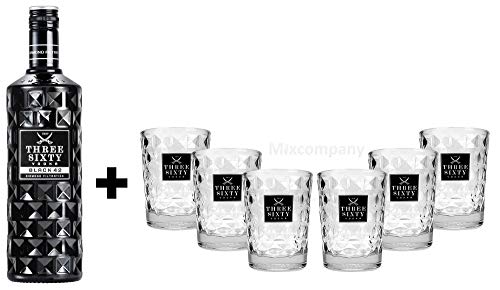 Three Sixty Set Geschenkset ? Three Sixty Black Vodka Wodka 0,7L 700ml (42% Vol) + 6x Tumbler 0,2l 200ml Facettenschliff Glas- [Enthält Sulfite] von THREE SIXTY