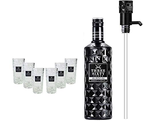 Three Sixty Set Geschenkset ? Three Sixty Black Vodka Wodka 3L 3000ml (42% Vol) + 6x Shotgläser Glas 2 und 4cl geeicht + Pumpe - [Enthält Sulfite] von THREE SIXTY
