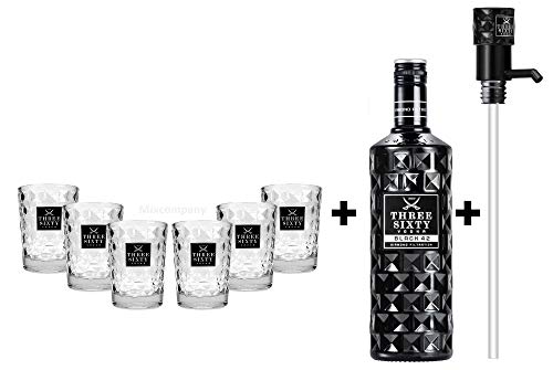 Three Sixty Set Geschenkset ? Three Sixty Black Vodka Wodka 3L 3000ml (42% Vol) + 6x Tumbler 0,2l 200ml Facettenschliff Glas + Pumpe- [Enthält Sulfite] von THREE SIXTY