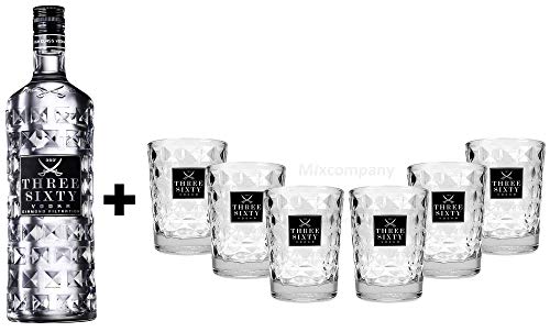 Three Sixty Set Geschenkset ? Three Sixty Vodka Wodka 0,7L 700ml (37,5% Vol) + 6x Tumbler 0,2l 200ml Facettenschliff Glas- [Enthält Sulfite] von THREE SIXTY