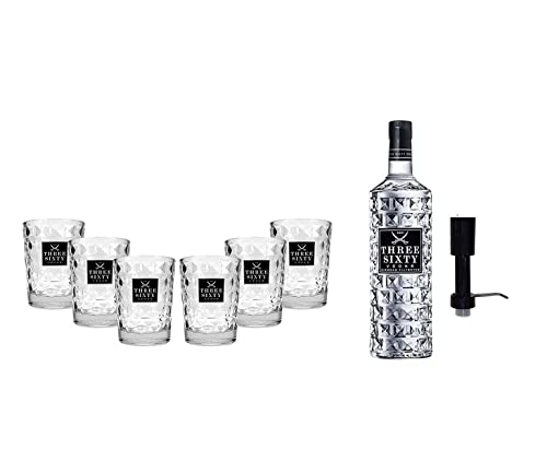 Three Sixty Set Geschenkset ? Three Sixty Vodka Wodka3L 3000ml (37,5% Vol) +Pumpe + 6x Tumbler 0,2l 200ml Facettenschliff Glas- [Enthält Sulfite] von THREE SIXTY