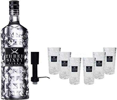 Three Sixty Set Geschenkset ? Three Sixty Wodka Vodka 3L 3000ml (37,5% Vol) + Pumpe + 6x Shotgläser Glas 2 und 4cl geeicht- [Enthält Sulfite] von THREE SIXTY