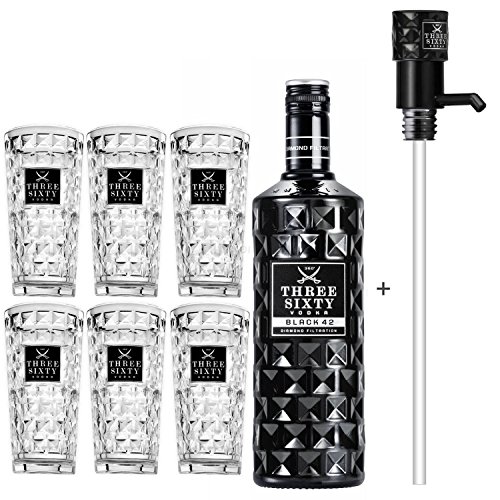 Three Sixty Black 42 Vodka 3L (42% Vol) + Pumpe + 6x Longdrink Gläser eckig -[Enthält Sulfite] von Three Sixty