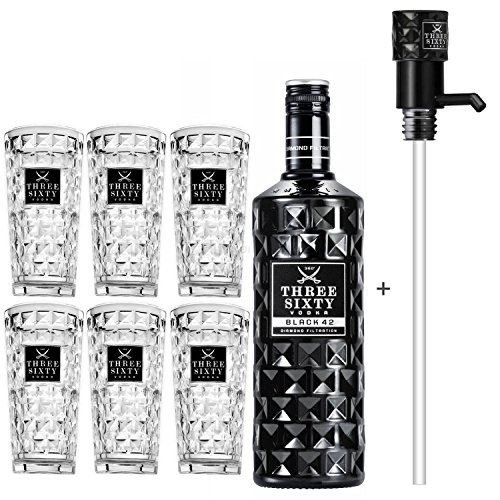 Three Sixty Black 42 Vodka 3L (42% Vol) + Pumpe + 6x Longdrink Gläser eckig -[Enthält Sulfite] von ebaney