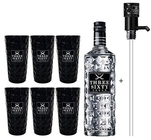 Three Sixty Vodka 3L (37,5% Vol) + Pumpe + 6x Black Longdrink Gläser eckig schwarz -[Enthält Sulfite] von THREE SIXTY