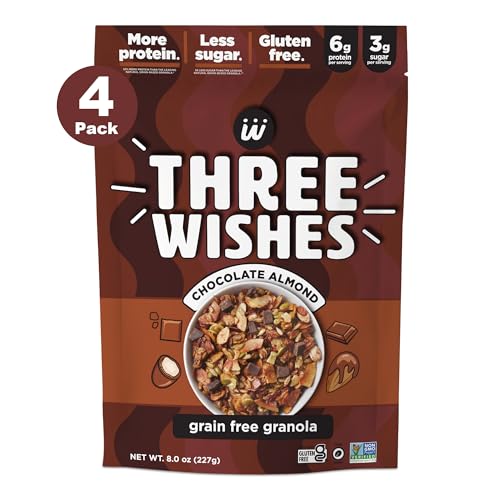 Three Wishes Müsli, Schokoladenmandel (4er-Pack) – Glutenfreies Müsli, 6 g Protein & 3 g Zucker Gesundes Frühstück & Snack für unterwegs – vegan, koscher & getreidefrei von Three Wishes