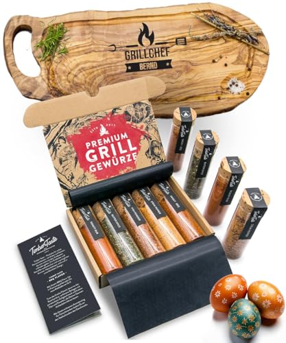 BBQ Grill Gewürz & Grillbrett für Männer [+ PERSONALISIERT] - 5 erlesene Grillgewürze inkl. Rezepte, Grill Geschenke für Männer, Grill Zubehör, Gewürze Set, Personalisierte Geschenke Männer von Timber Taste