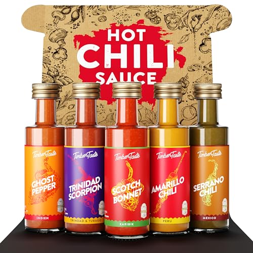 TIMBER TASTE® Chili Sauce Geschenkset [5 x 40 ml] | Exotic Hot Sauce Chili Set | Scharfe Soßen Geschenk Set | Geschenke für Männer & Frauen | Scharfe Geschenke Weihnachten | Chili Saucen von Timber Taste