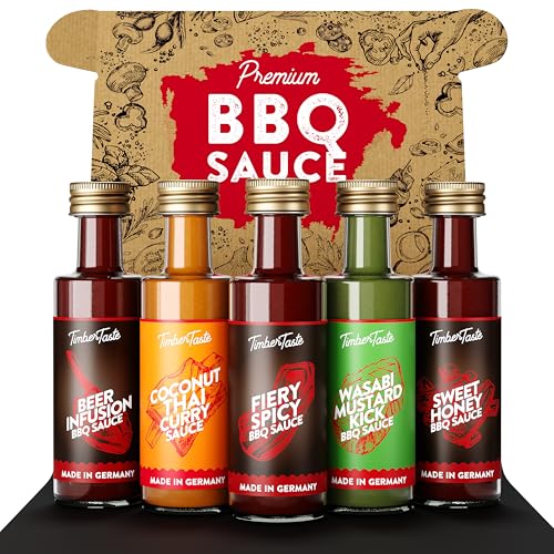 TIMBER TASTE® BBQ Sauce Geschenkset [5 x 40 ml] - Exotic BBQ Sauce Set - Herzhafte Soßen Geschenk Set - Geschenke für Männer & Frauen - Leckere Geschenke Geburtstag - BBQ Saucen von Timber Taste
