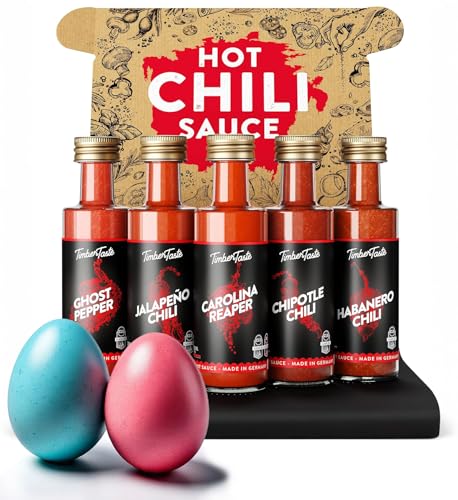 TIMBER TASTE® Chili Sauce Geschenkset [5 x 40 ml] | Hot Sauce Geschenk für Schärfeliebhaber | Scharfe Soßen Geschenkset Ostern | Besonderes Ostergeschenk für Männer & Frauen | Chili Gewürz Set von Timber Taste