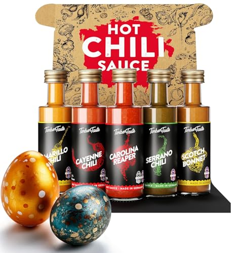 TIMBER TASTE® Chili Sauce Geschenkset [5 x 40ml] | Offroad Hot Sauce Chili Set | Scharfe Soßen Geschenkset Ostern | Besonderes Ostergeschenk für Männer & Frauen | Chili Gewürz Set von Timber Taste