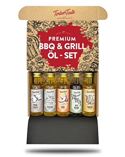 TIMBER TASTE® Öl Geschenkset Frauen & Männer [BBQ] - 5 erlesene Essige & Speiseöle [5x40ml] - Kochbox Koch Set - Geschenkideen für Frauen & Männer - Geschenk Gewürzset zum Kochen für Sie & Ihn von Timber Taste