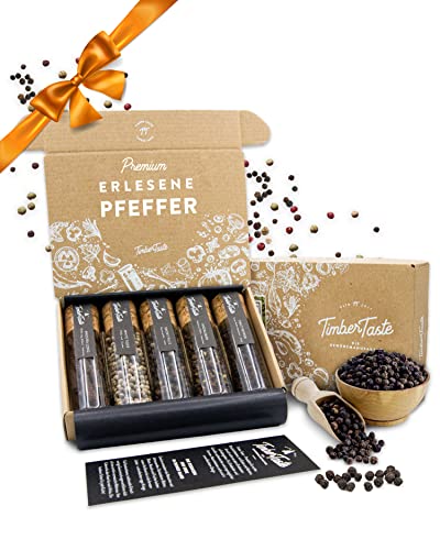 TIMBER TASTE® Pfeffer Geschenkset für Frauen & Männer - 5 erlesene Pfeffer aus aller Welt als besonderes Geschenk für Erwachsene & Pfefferliebhaber - Pfeffer Set Genusspaket - Geschenk zum Geburtstag von Timber Taste