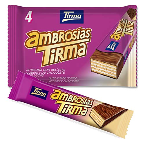 Tirma Ambrosia Waffelriegel mit Sahnefüllung | 86g | 4 Stück | Überzogen mit Milchschokolade | Einzeln verpackte Kanarische Schokolade | Vegetarische Snacks aus Spanien Tirma Ambrosia Waffelriegel mit Sahnefüllung | 86g | 4 Stück | Überzogen mit Milchschokolade | Einzeln verpackte Kanarische Schokolade | Vegetarische Snacks aus Spanien von Tirma