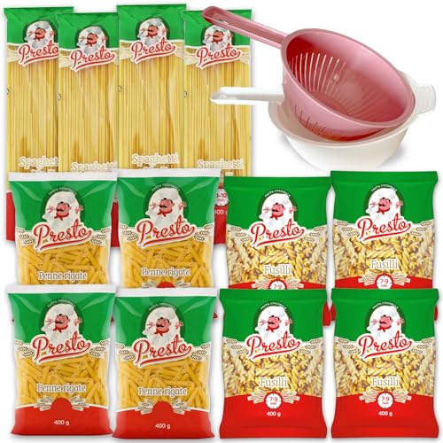 12 x 400g Pasta, Spaghetti, Fusilli, Penne rigate (4800g) inklusive Nudelsieb und Schüssel von Tise Süsswaren