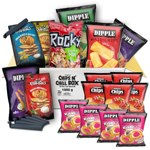 Chips n Chill Box - Die Box zum Snacken (1Kg /17 Teile) inkl. 6 Tütenclips von Tise Süsswaren