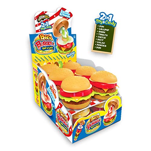 Johny Bee Big Burger Dip & Lick - Lollipops mit Dextrosepulver zum Dippen 12 x 21g im Display von Tise Süsswaren