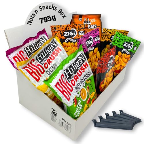 Nuts´n Snacks Box (795g) Erdnüsse, Brotchips und Brezelstücke mit Geschmack inkl. Tütenclips von Tise Süsswaren