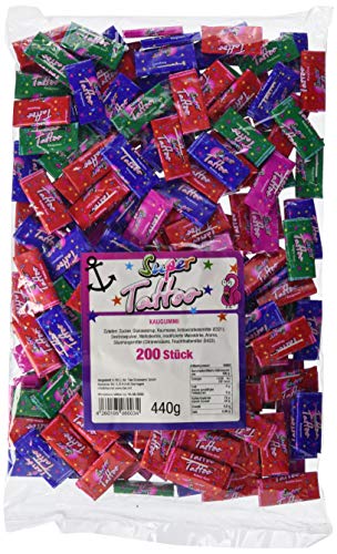 Tise Süsswaren Super Tattoo Kaugummi Mix, Wurfmaterial Karneval Fasching Veranstaltungen Partys Giveaway Kindergeburtstag (200 Stück) von Tise Süsswaren