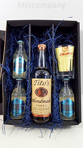 Titos Vodka Lemon Set/Geschenkset ? Titos Handmade Vodka 0,7l 700ml (40% Vol) + 3x Goldberg Bitter Lemon 200ml + Shakers Glas geeicht 4cl - Inkl. Pfand MEHRWEG von Titos-Titos