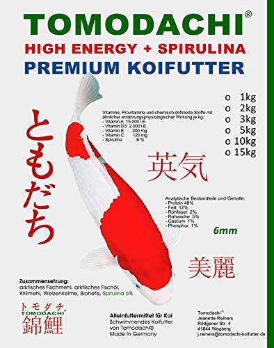 Koifutter Energiefutter für Koi, hochenergiereiches Koifutter mit Spirulina, Tomodachi Premium Koi High Energy Schwimmfutter, Spirulinafutter 15kg, 6mm Koipellets von Tomodachi
