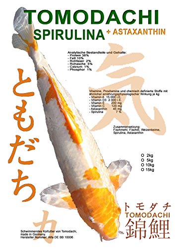 Spirulinafutter für Koi, Energiefutter, Schwimmfutter, Tomodachi Koifutter, Spirulinafutter, schwimmendes Farbschutzfutter mit Spirulina und Astax 15kg, 6mm Koipellets von Tomodachi