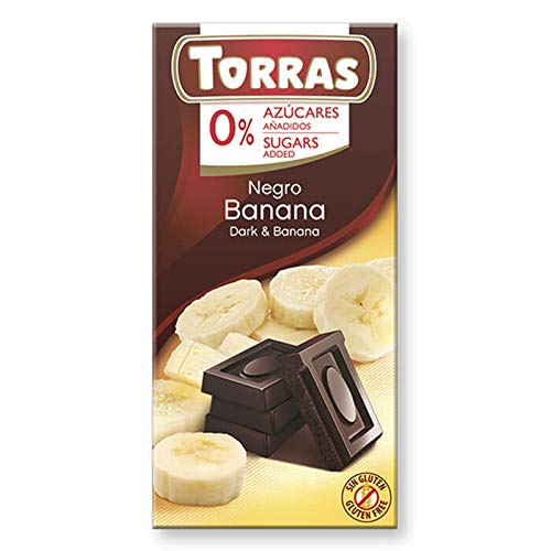 Torras Schokolade ohne Zuckerzusatz, Schokolade ohne Zuckerzusatz, Dark Chocolate mit Bananenstückchen, Tafel (75g) von Torras