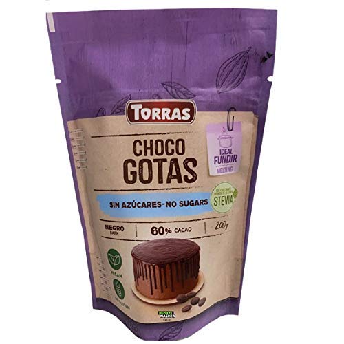 Torras Stevia Schoko Drops, 60% Kakaogehalt, Schokoladen Drops ohne Zuckerzusatz, Aromapack 200g von Torras