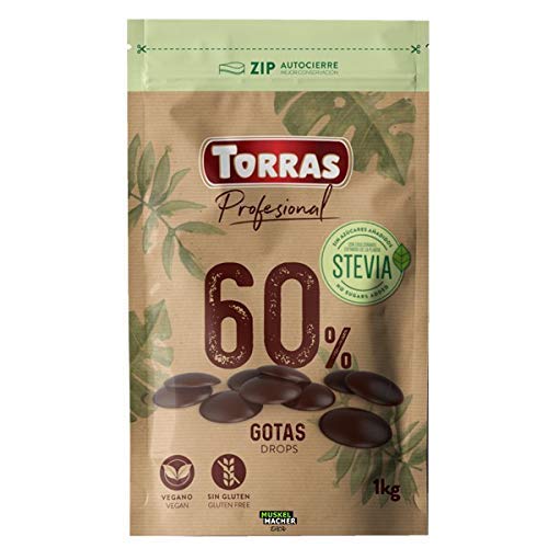 Torras Stevia Schoko Drops, 60% Kakaogehalt, Schokoladen Drops ohne Zuckerzusatz, Bigpack (1.000g) von Torras