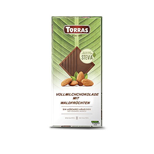Torras Stevia Schokolade, Schokolade ohne Zuckerzusatz, Vollmilchschokolade mit Mandeln, Tafel (100g) von Torras