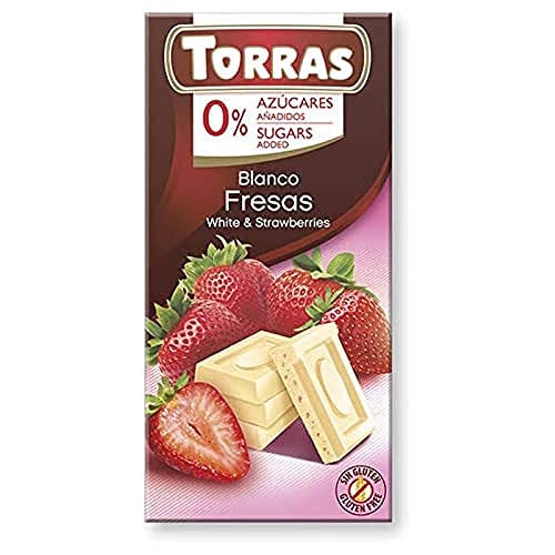 Torras zuckerreduzierte Schokolade, Schokolade ohne Zuckerzusatz, Weiße Schokolade mit Erdbeerstückchen, Tafel (75g) von Torras