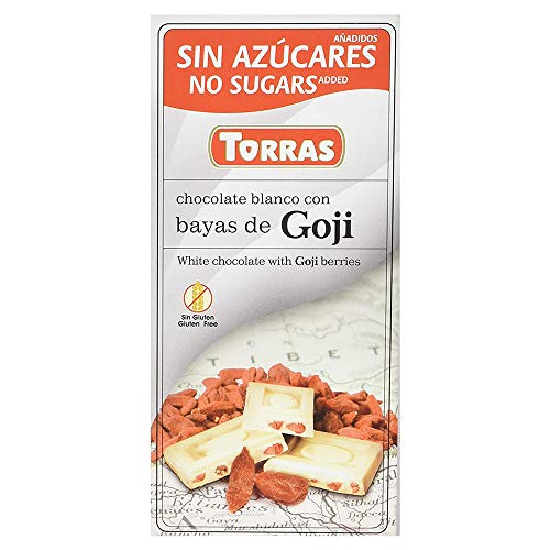 Torras zuckerreduzierte Schokolade, Schokolade ohne Zuckerzusatz, Weiße Schokolade mit Goji-Beeren, Tafel (75g) von Torras